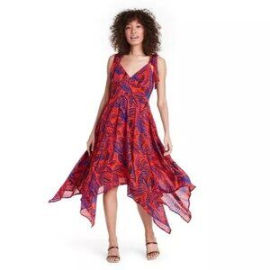 Alexis Target NWOT handkerchief hem orange blue tie shoulder sleeve midi dress M